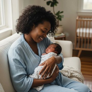 Mother and baby sitting on a couch.