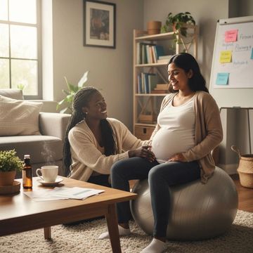 A birth doula, and their client who is sitting on a birthing ball smiling at one another.