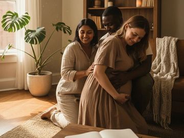 Picture of a birth doula, a partner and a pregnant woman on their knees.