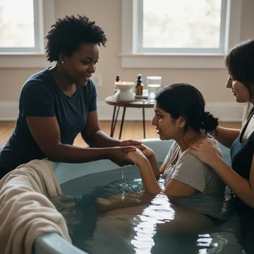 A birth doula giving support to the women in the birthing pool by holding their hands.