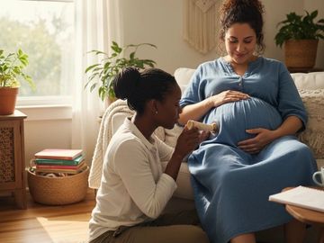 Picture of a doula with a mother that's pregnant.