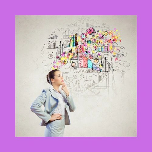 White women in business attire in a thoughtful pose with picture of brainstorming ideas, charts and