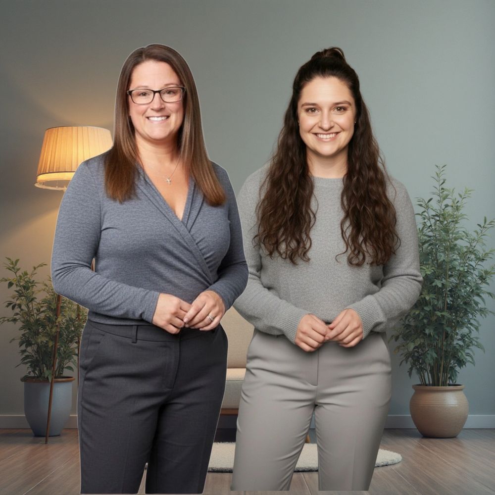Two smiling women standing indoors with plants and a lamp in the background.