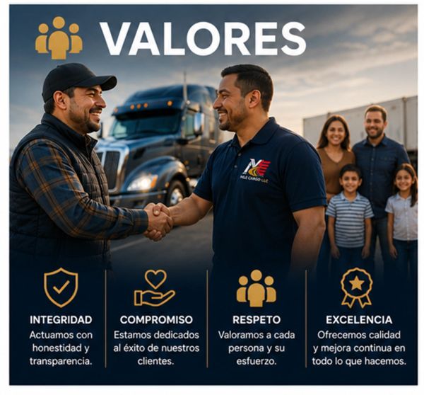 Dos hombres se saludan frente a un camión con una familia sonriente detrás, destacando valores como integridad y respeto.