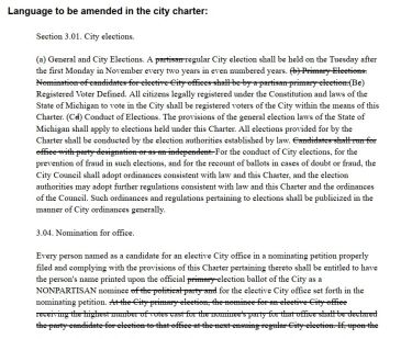 City charter election language amended for nonpartisan and registered voter provisions.