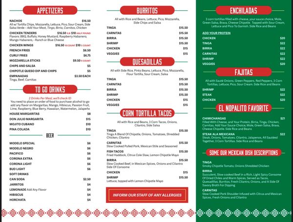 Mexican restaurant menu featuring appetizers, burritos, quesadillas, tacos, enchiladas, fajitas, drinks, and special dishes.