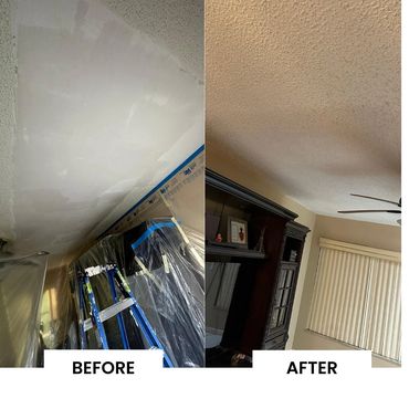 Before and after ceiling repair and repainting in a living room.