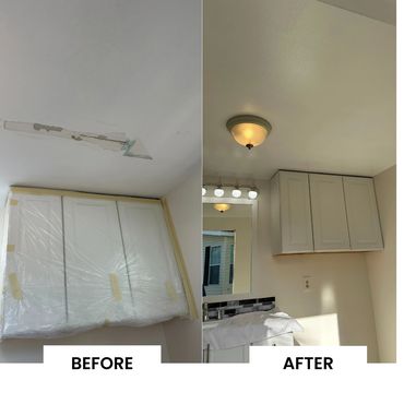 Bathroom cabinet renovation showing before and after damage repair and painting.