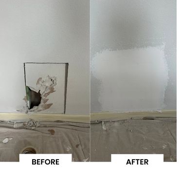 Before and after images of a wall repair patch.