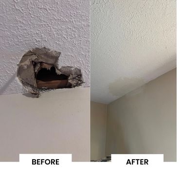 Before and after ceiling repair showing a hole patched up.