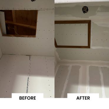 Before and after drywall repair and patching in a ceiling and wall area.