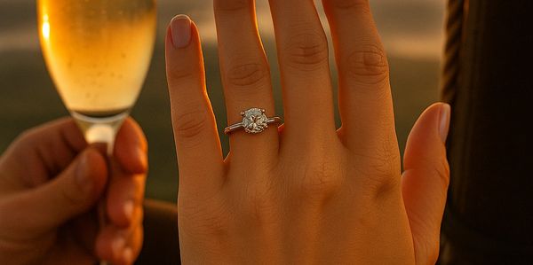Woman holding up her hand with a new engagement ring and a glass of Champagne in the background.