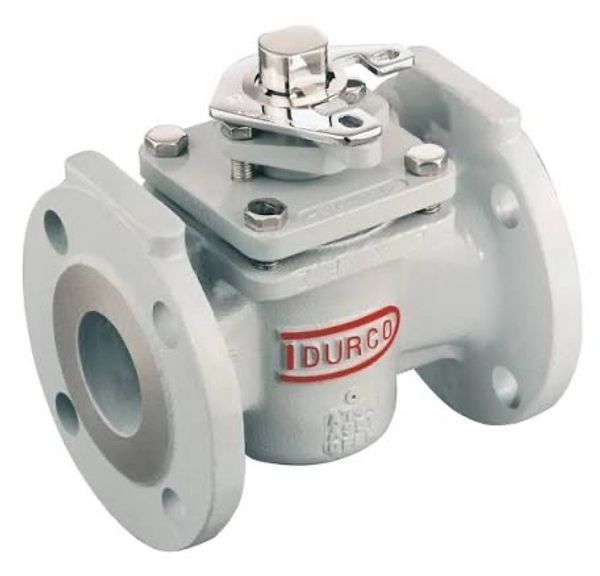 Industrial valve with flanged ends labeled 'IDURCO'.