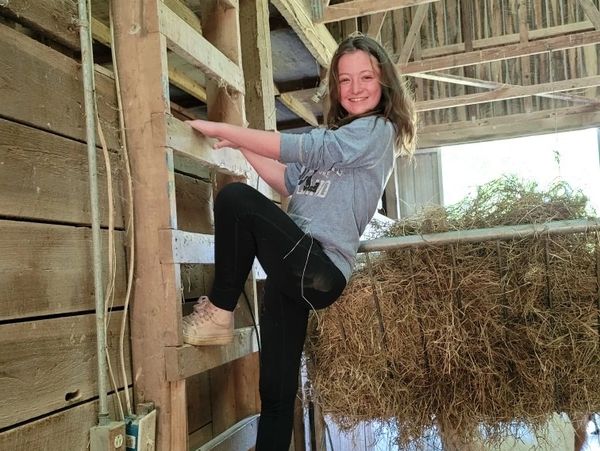 Caroline on ladder by hay feeder