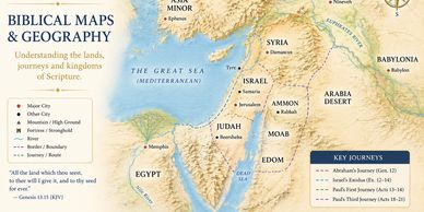 Map showing biblical lands, kingdoms, and key journeys.