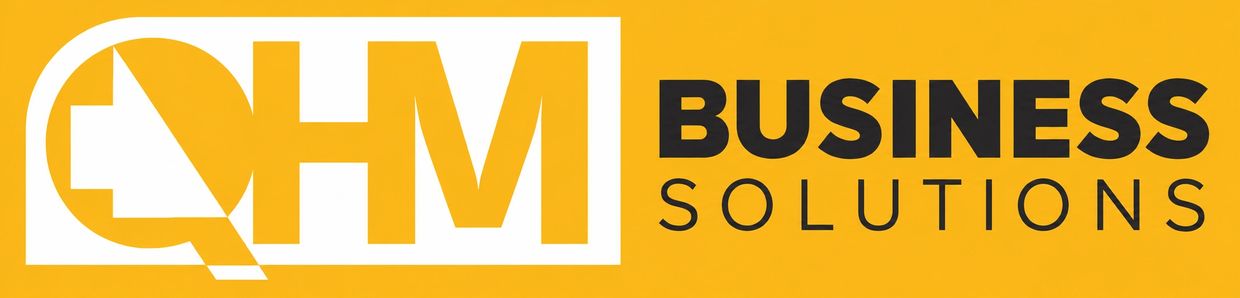 Logo of QHM Business Solutions in yellow and black.