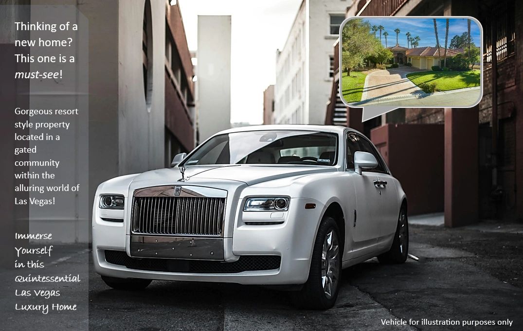 Rolls-Royce parked in wide alley between city buildings includes inset image of luxury home