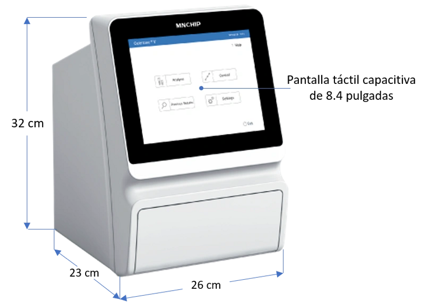 Dimensiones y pantalla del equipo Celecare V5 de uso veterinario