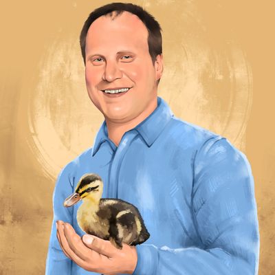 Illustration of a man holding a duck