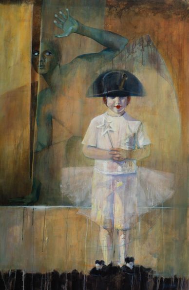 A surreal painting of a child in a tutu with a wand and a mysterious figure behind.
