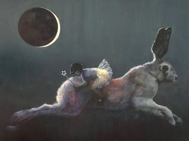 A crow in a tutu riding a large rabbit under a crescent moon.
