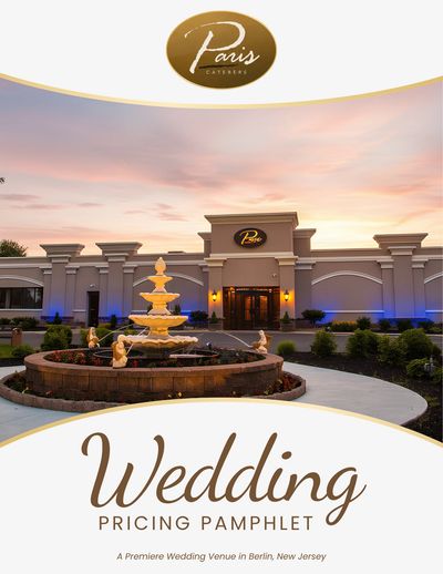 Wedding venue pricing pamphlet cover with a fountain and building at sunset.