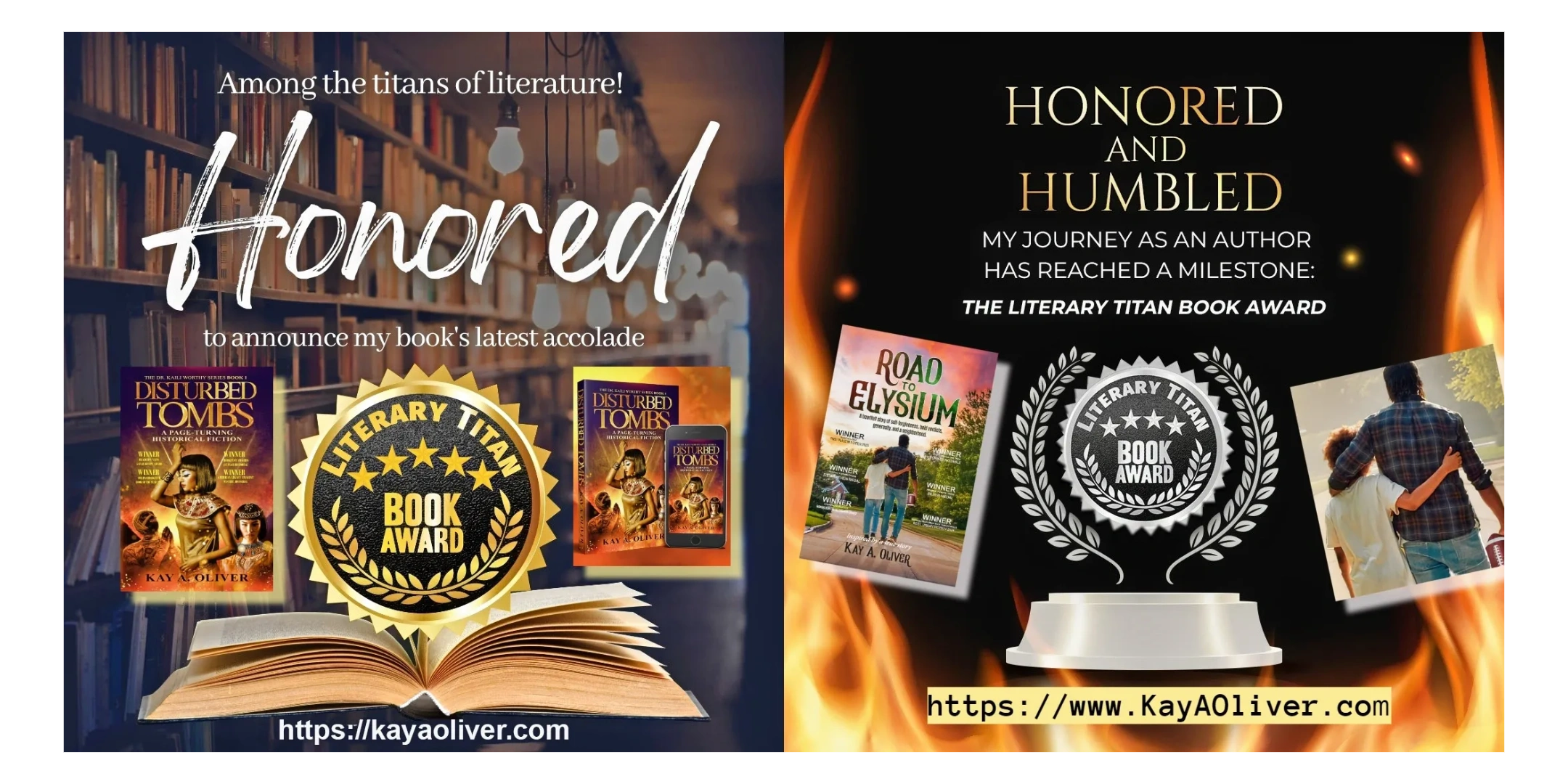 Disturbed Tombs  and Road to Elysium award-winning fiction novels by Kay A. Oliver that readers enjo