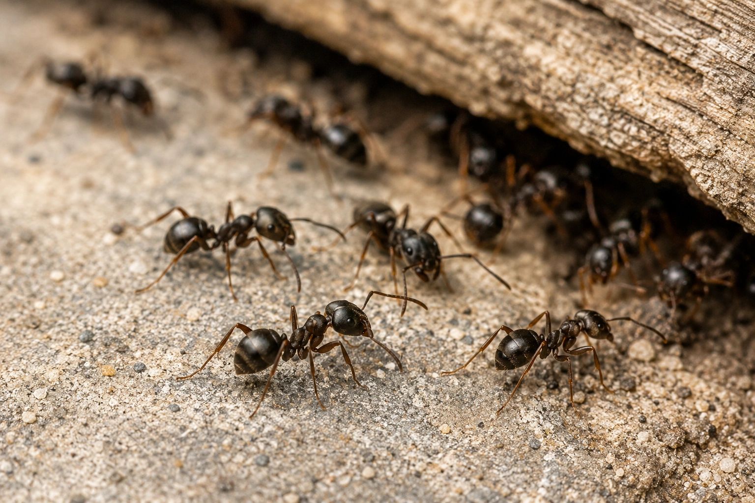 Close-up of ants near their nest.