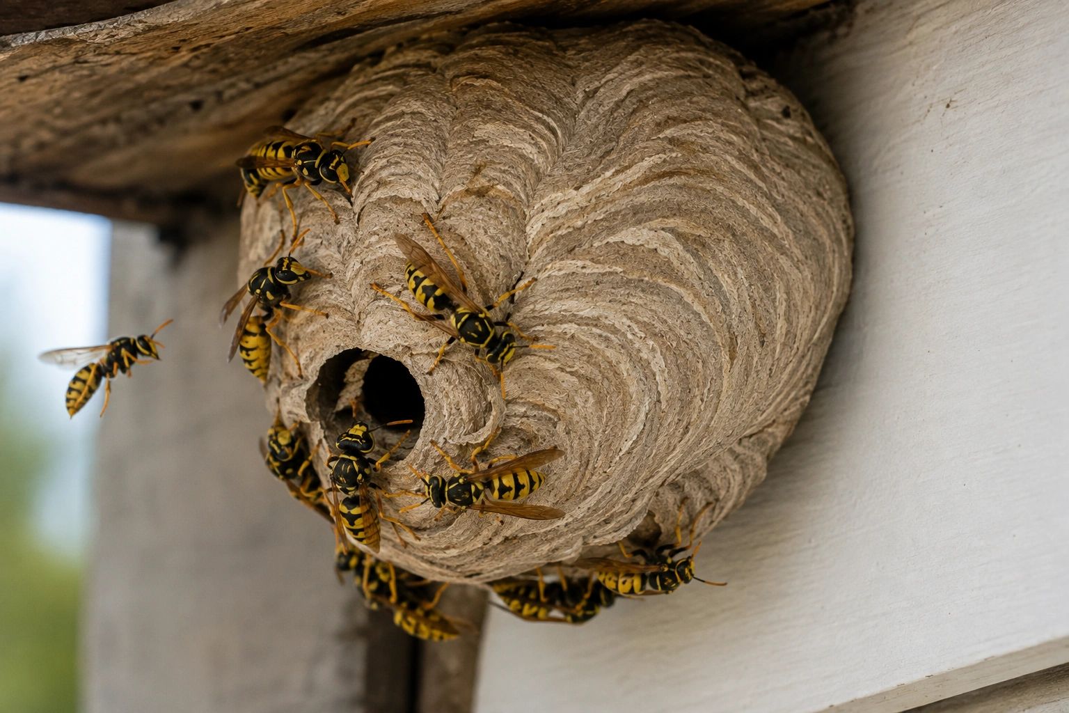 Wasps on a large nest attached to a wooden structure.