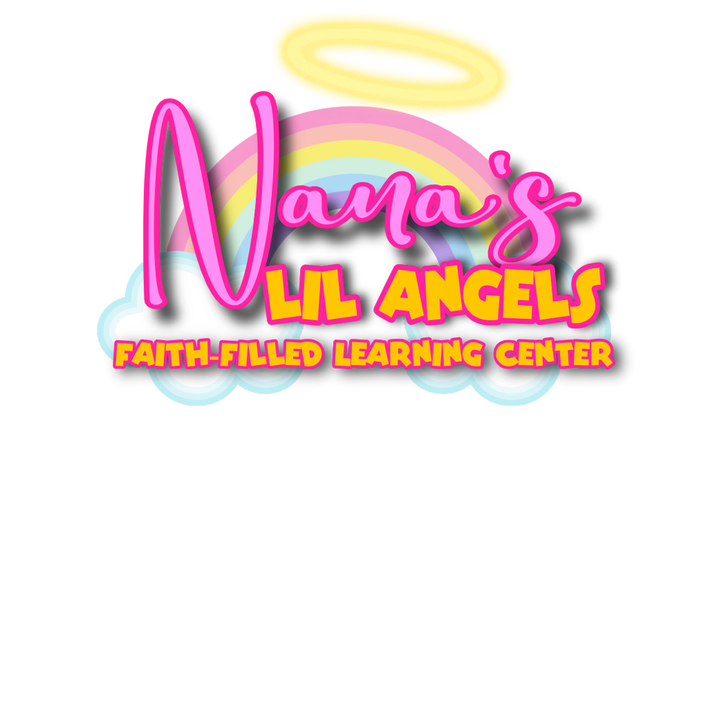 Colorful logo for Nana's Lil Angels faith-based learning center with rainbow, clouds, and halo.