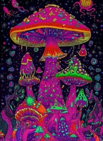 Psychedelic colorful mushrooms glowing in a cosmic space.