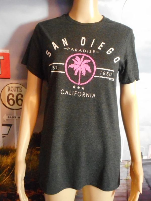 vintage san diego souvenir tshirt - tee pink palm tree on gray womens san diego California top