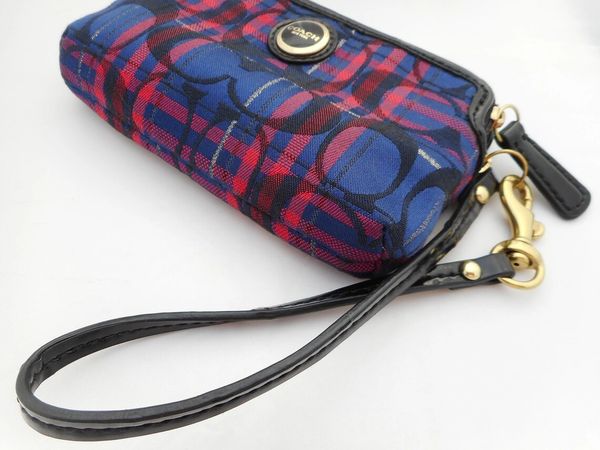 coach double compartment wristlet coach travel pouch - plaid red and blue plaid coin camera bag