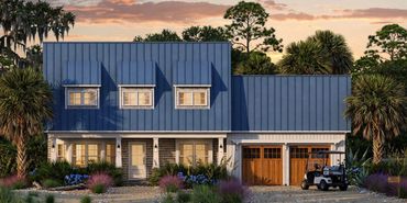 Coastal house with a blue roof and golf cart at sunset.