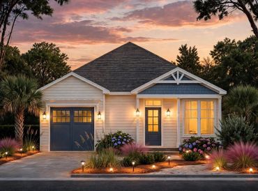 Cozy single-story house with warm lights and colorful garden at sunset.