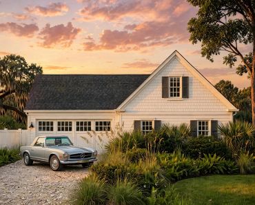 Classic silver Mercedes parked outside a cozy white house at sunset.