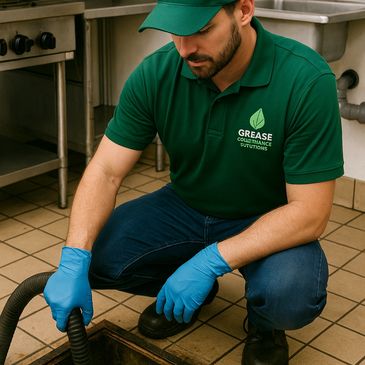 Technician in green uniform cleaning a commercial kitchen drain.