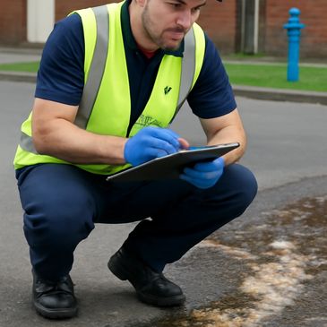 Worker inspecting a pothole and taking notes on a clipboard.