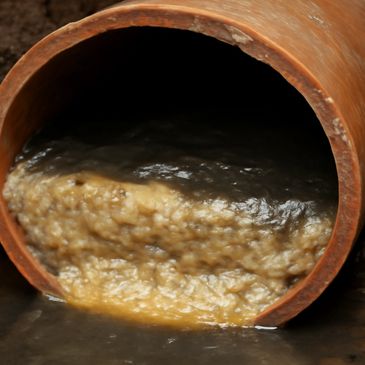 Thick sludge flowing out of a brown pipe into muddy ground.