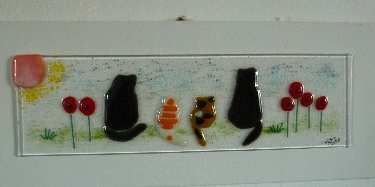  first fused glass project. Old cats, Max and Teeny, kittens Loki and Nutmeg. Contour fused on Tekta