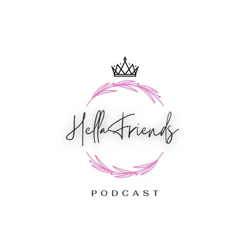 Logo for HellaFriends Podcast with crown and pink wreath design.