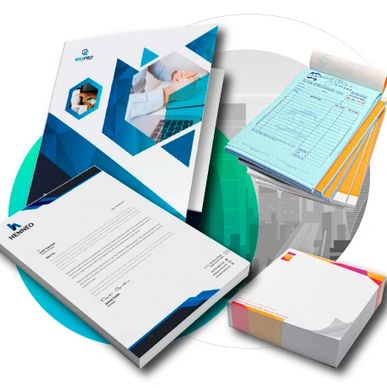 Corporate stationery set including letterheads, folders, and receipt books.