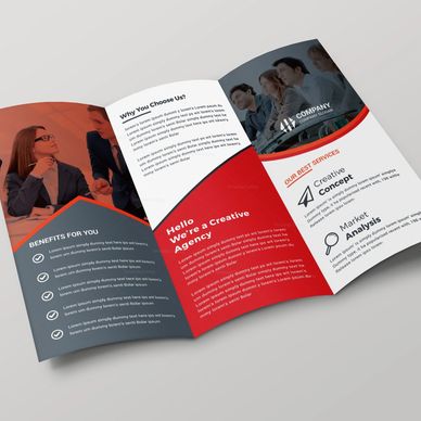 Trifold brochure showcasing a creative agency's services and benefits with a professional design.