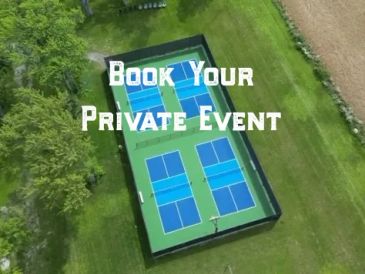 Aerial view of pickleball courts with 'Book Your Private Event' text.