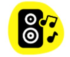 yellow blob icon showing a black speaker with white details and music notes to the side.