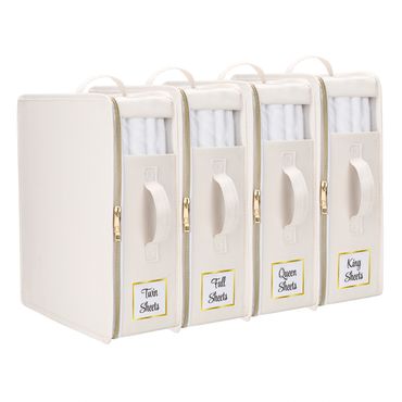 Four white sheet storage bags labeled by bed size with handles and zippers.
