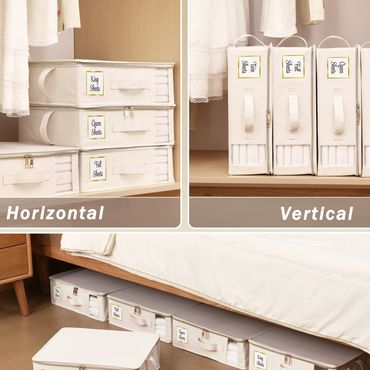 Versatile bed sheet organizers organized horizontally, vertically, and under beds.