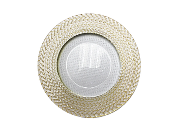 Image shows clear charger plate with golden braided trim available for rent in midland texas