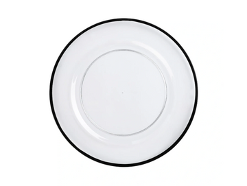 Image shows clear charger plate with black rim available for rent in midland texas