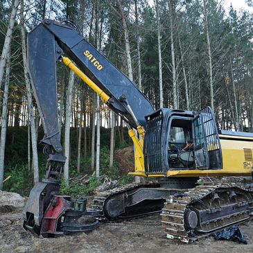 Yellow and black excavator parked in a forest clearing.